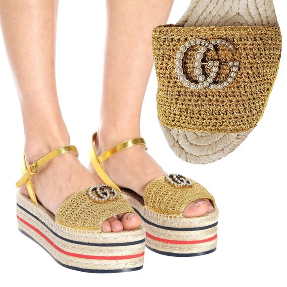 GUCCI SHOES LILIBETH PLATFORM ESPADRILLE SANDALS PEARL G LOGO sz 38.5 US 8.5 - Picture 1 of 13